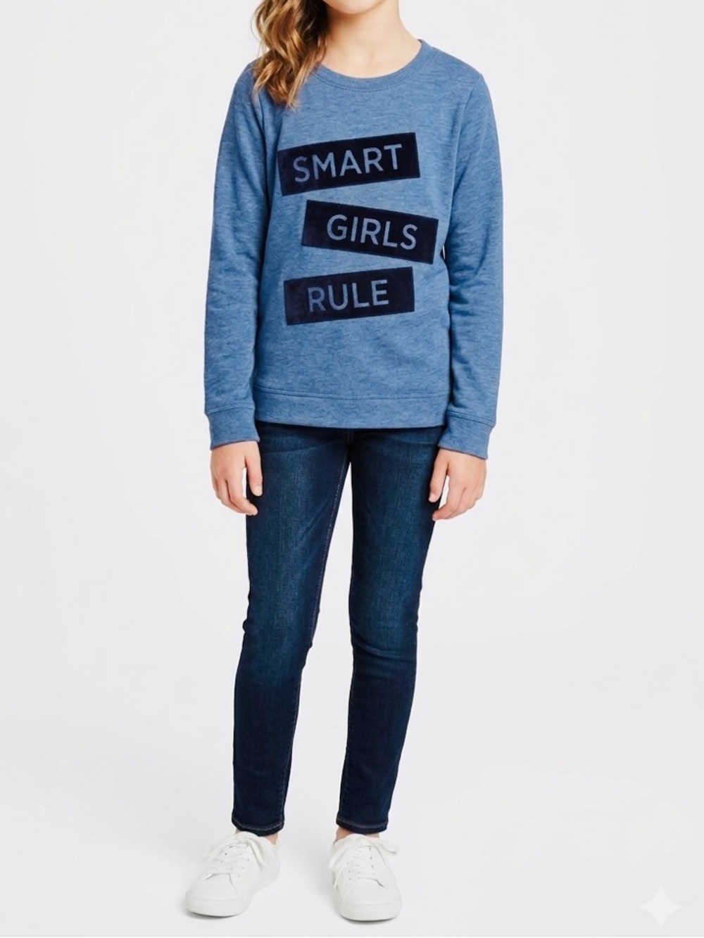 PLACE Girls Blue Sweatshirt w Velvet 'Smart Girls Rule' Graphic & Lace-Up Back - Picture 4 of 12